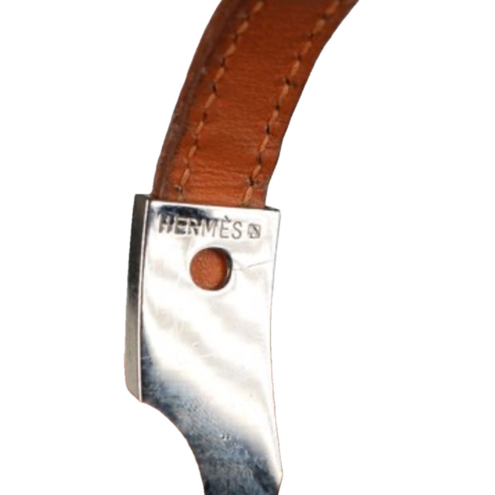 HERMES Belt Buckle Bracelet Adjustable Brown Leather Silver Metal Hardware - Picture 3 of 4